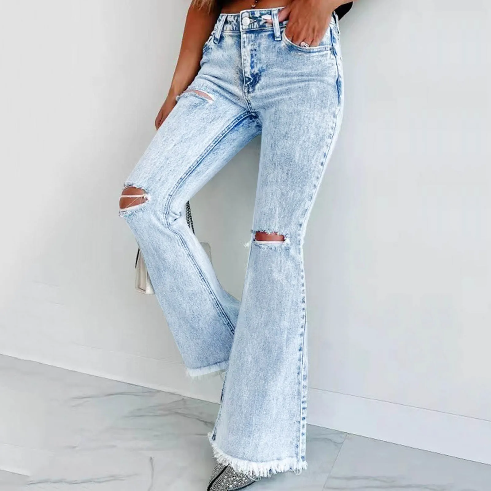 

Blue Ripped Jeans For Women High Waist Straight Pants Fashion Casual Loose Boyfriend Jeans Lady Streetwear Cut Out Denim Trouser