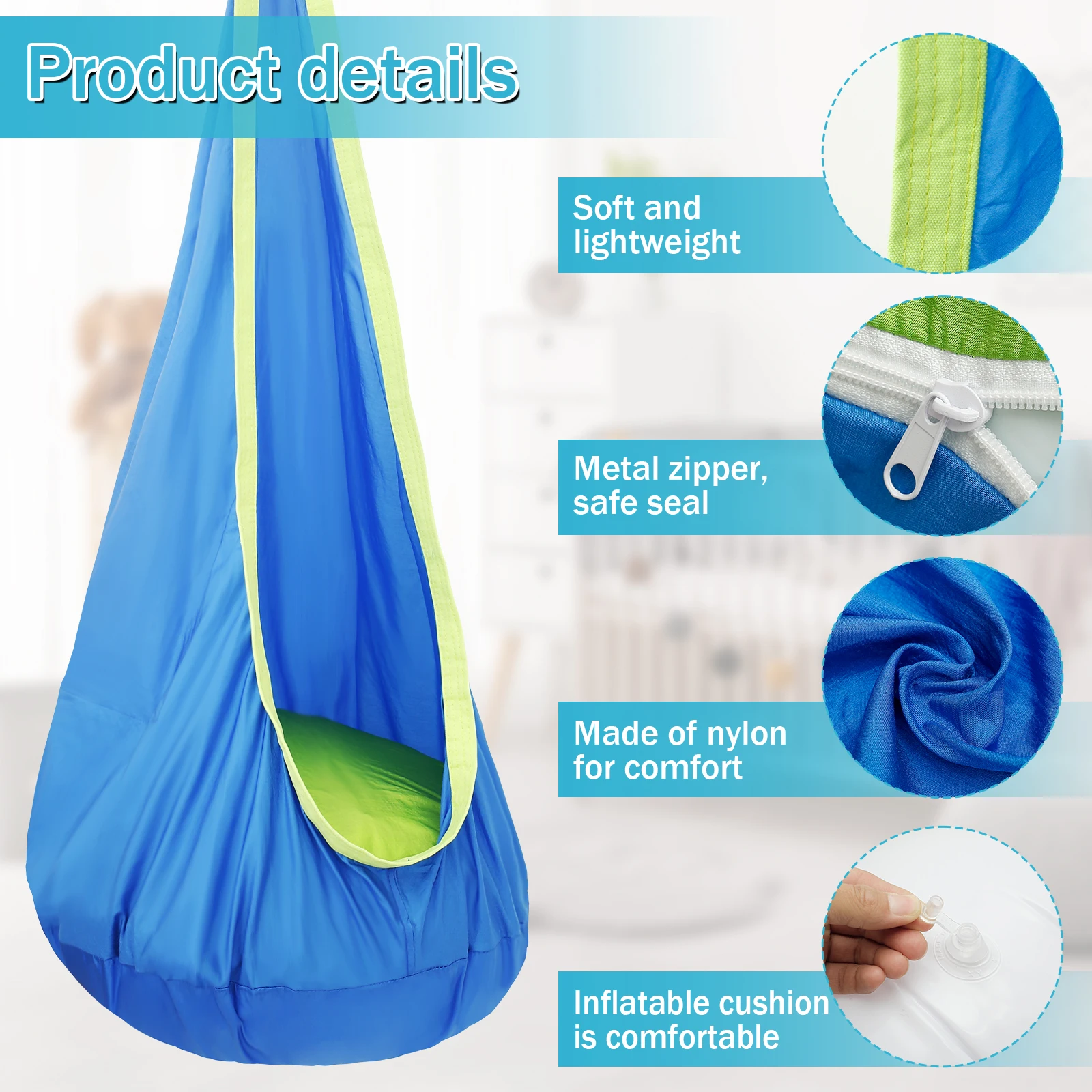 Kids Pod Swing Seat Hanging Hammock Chair with Inflatable Pillow & Pocket Comfortable Sensory Swing Max 200kg for Indoor Outdoor