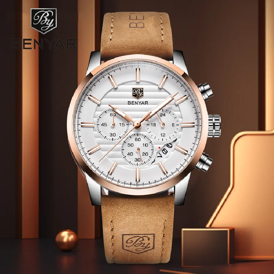 

BENYAR Design 2023 New Top Fashion Sport Quartz Watches Men's Multi-Functional Waterproof Premium Leather Calendar Watch Relogio