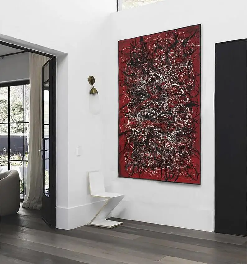 

vertical horizontal large canvas art Abstract painting Jackson Pollock style, home wall office decor blue abstract oil abstract