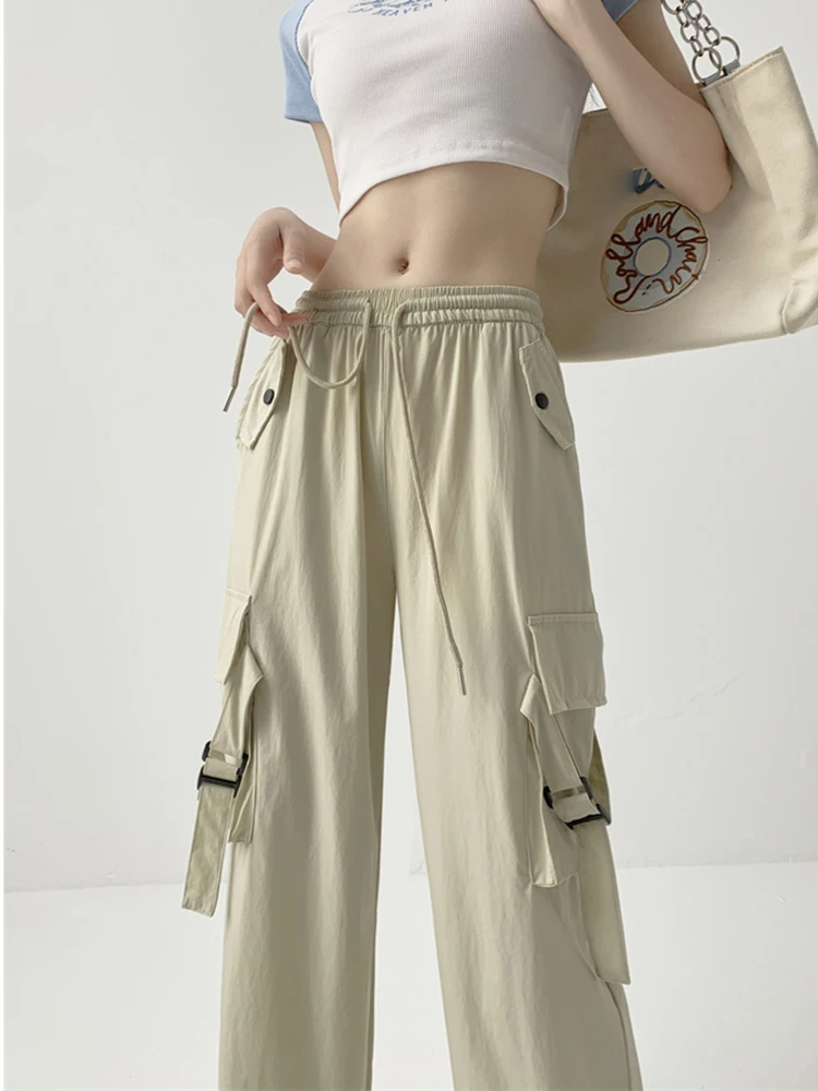 Grey Cargo Pants Women High Waisted Drawstring Full Length Loose Y2k Casual  Trousers Korean Streetwear Fashion Summer New 2023 - AliExpress
