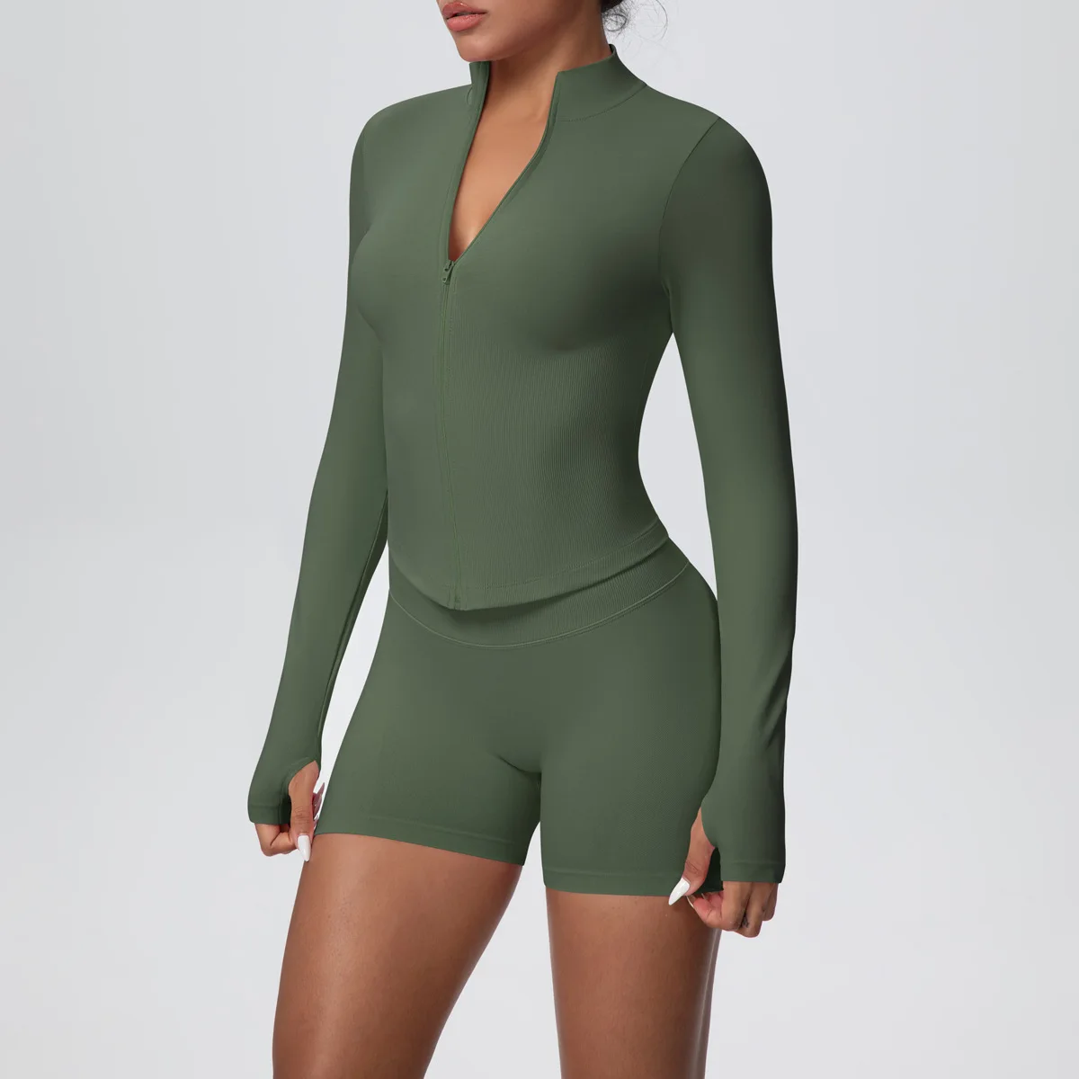 Women Gym Set - Seamless Yoga Suit With Zip Shirt & Cycling Shorts Activewear