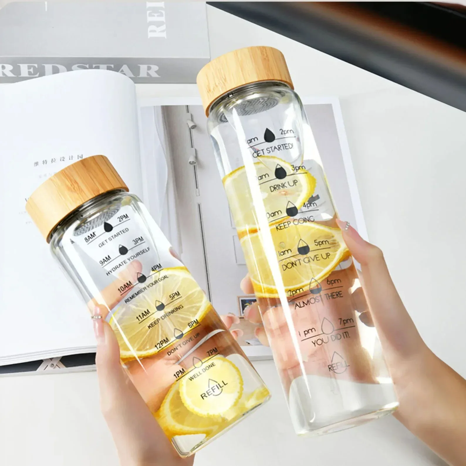 700/1000ml Large Capacity Glass Water Bottle Time Marker Cover Water Drink Transparent Milk Juice Simple Cup Birthday Gift