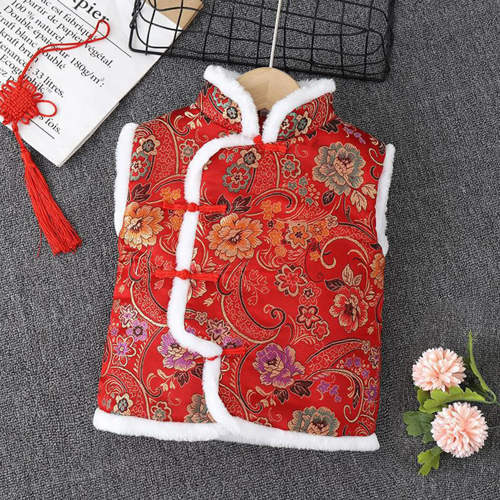 

2023 Autumn Winter New Sleeveless Wool Collar Red Retro Chinese Style Tang Suit Outfit Jacket Cheongsam Button Thickened Vest