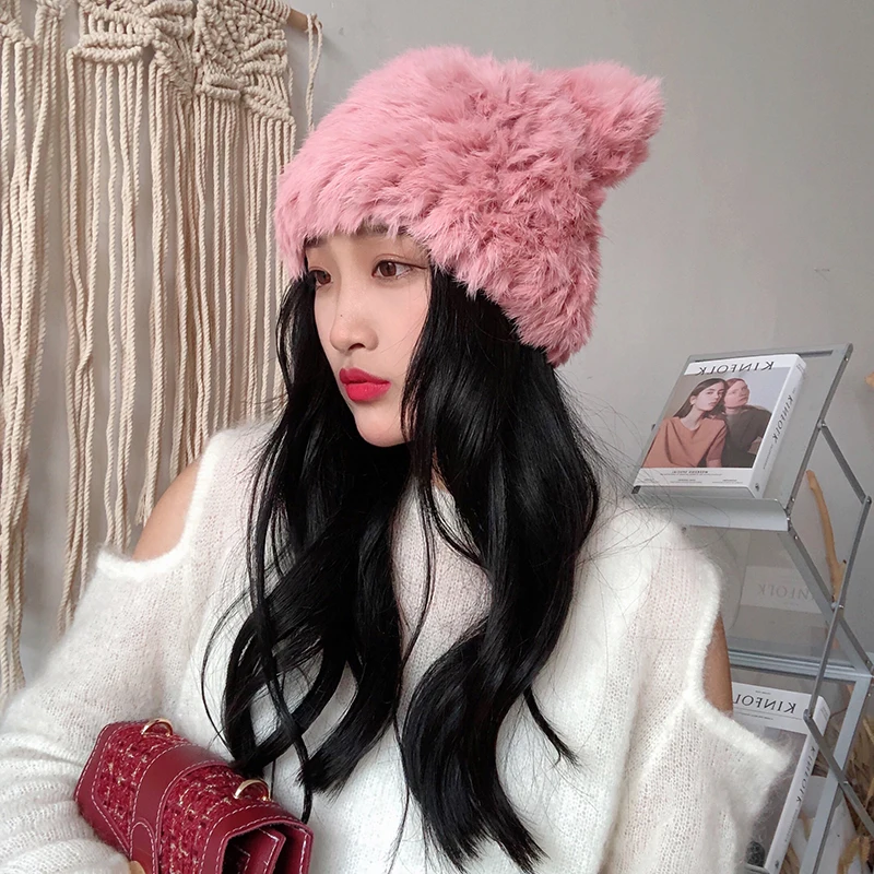 Mädchen Winter warme Mützen flauschige Strick Kaninchenfell Ohrmütze Mode süße schwarze Kawaii Mütze – Detail 7