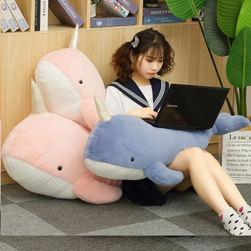 60cm-120cm Narwhal Plush Toy Lovely Unicorn Doll Soft Stuffed Fish Blue Whale With Horn Pillow Christmas Girls Gift Room Decor