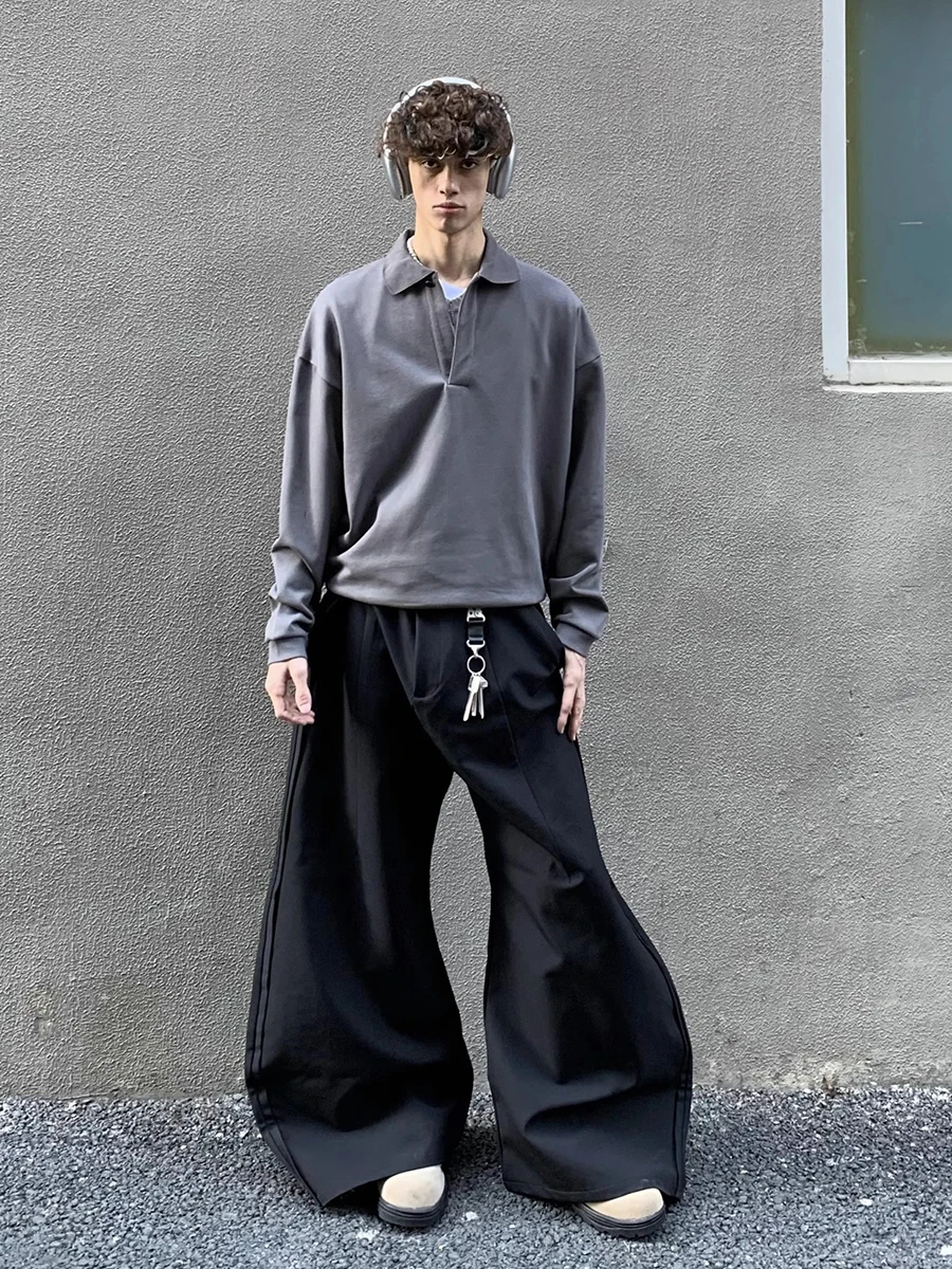 ReddaChic Plus Size Men's Black Trousers Silhouette Barrel Clean Fit Pleated Wide Leg Casual Pants Hip Hop Grunge Streetwear
