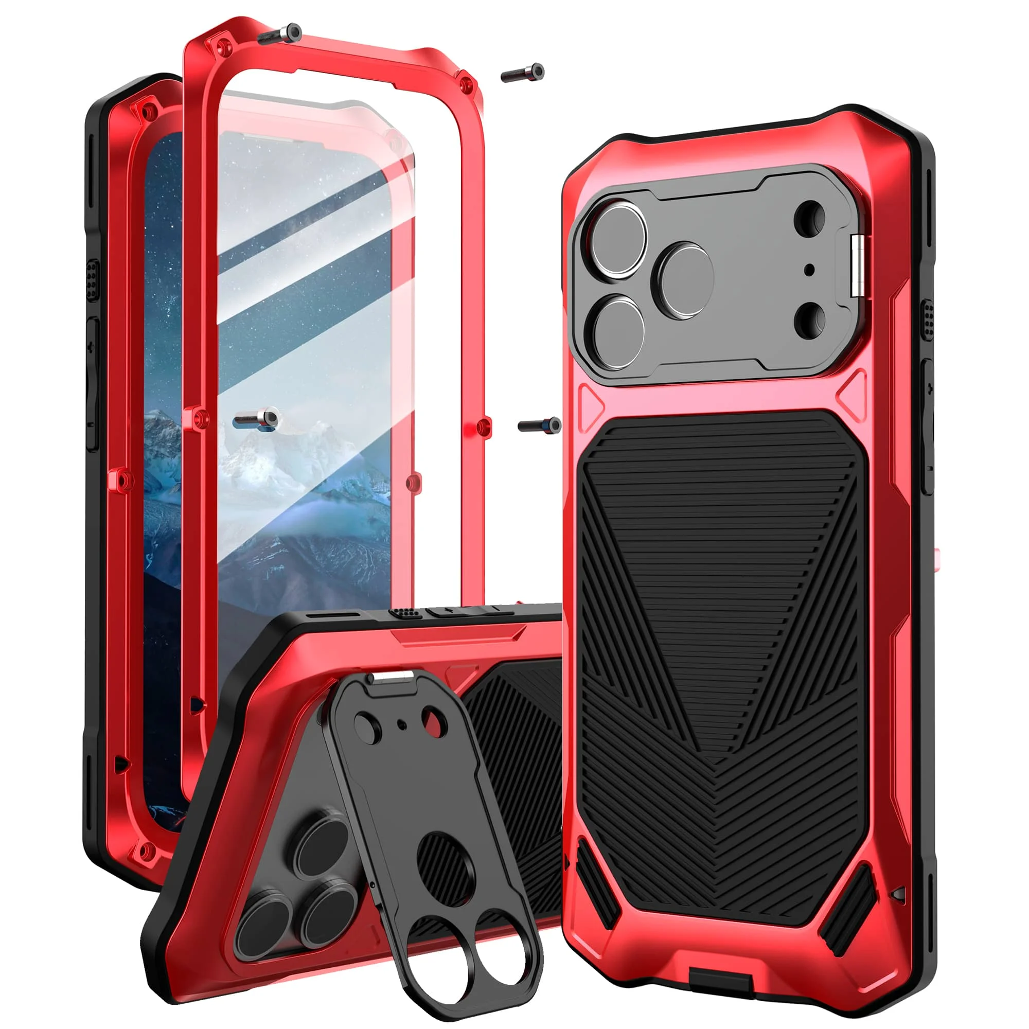 Premium Air Metal Case with Built-in Tempered Glass & Camera Stand - Heavy Duty Full Body Shockproof Cover