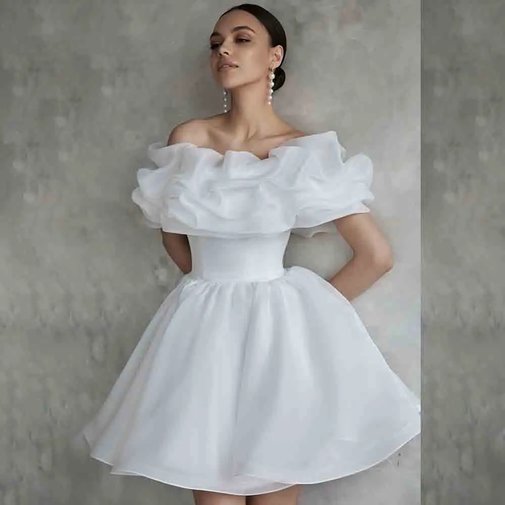 

Modest Boat Collar Satin Ruffles Formal Prom Dress for Women Short Mini Lace up A-line Prom Party Bridal Gown vestidos de gala