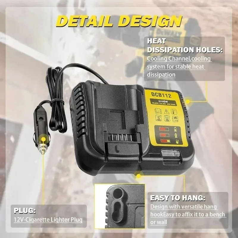 DeWalt 12V/20V 리튬 이온 배터리용 휴대용 DCB112 차량용 충전기, DCB200 DCB612용 시가 라이터 플러그 LED 표시등 포함