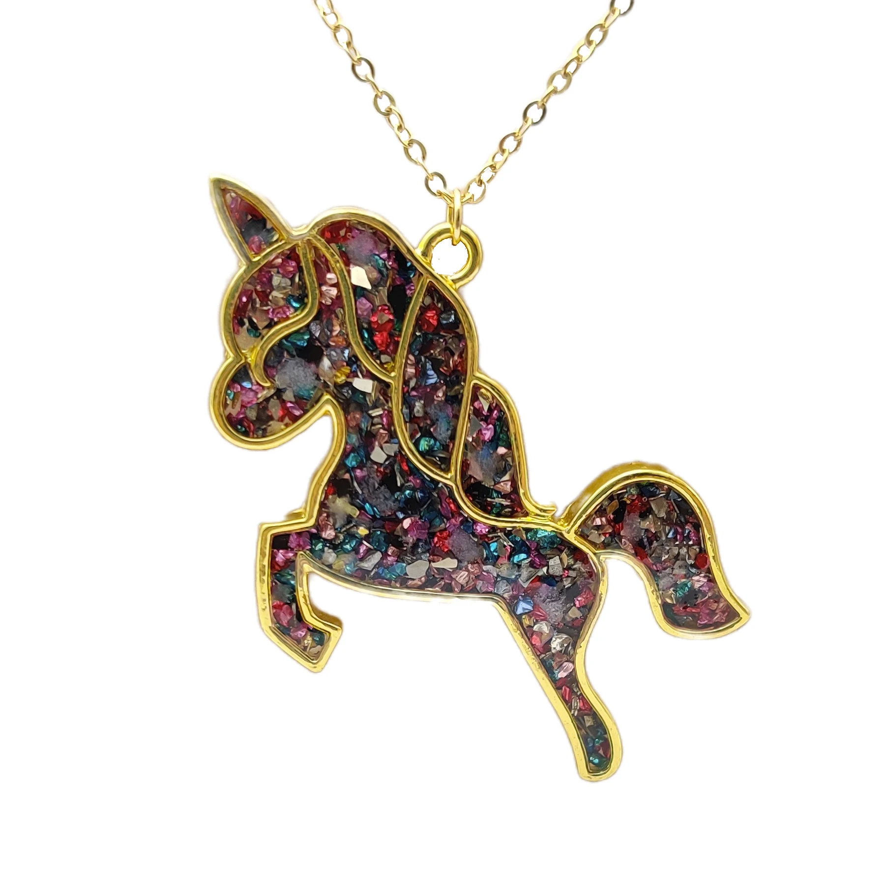 Unicorn Pegasus Colored Glow In The Dark Gold Color Pendant Chain Long Necklace Women Boho Fashion Jewelry Bohemian Handmade
