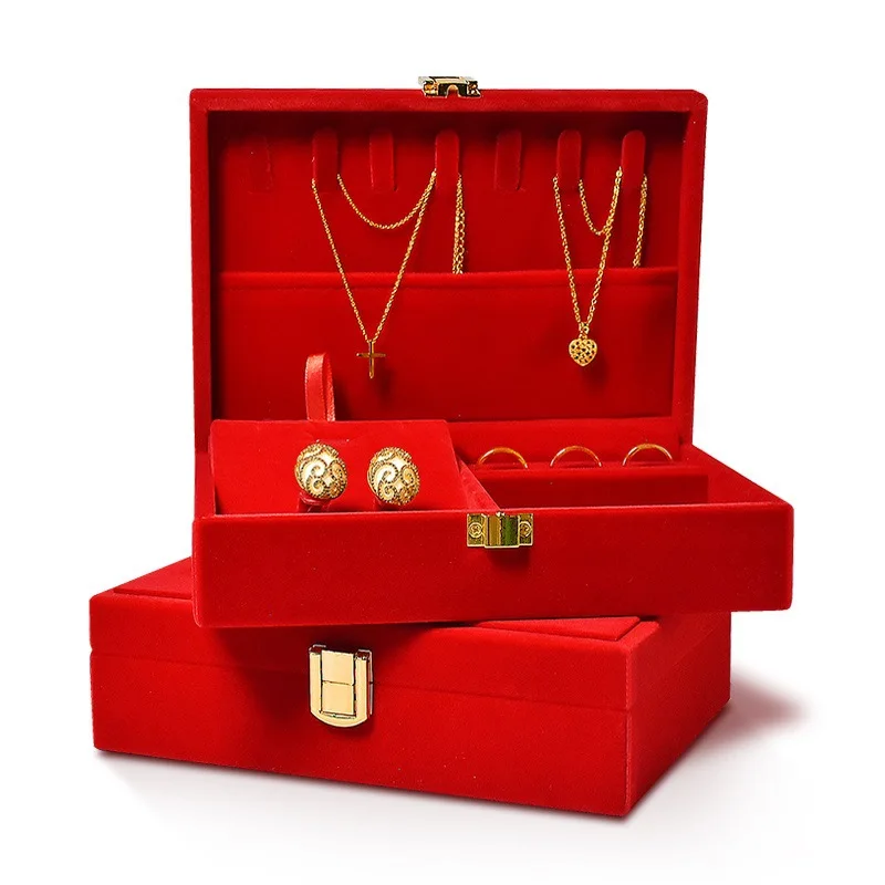 Three gold jewelry box wedding high-end gold jewelry storage box red velvet dragon and phoenix bracelet set dowry box