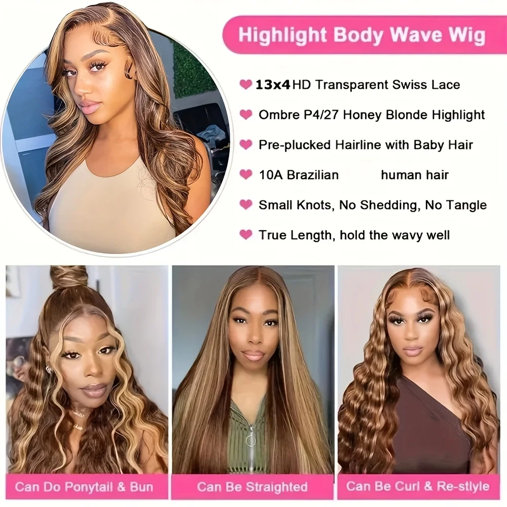 4/27 Colored Body Wave HD Lace Frontal Wigs Human Hair Pre Plucked 250 Density 13X4 Lace Frontal Wig for Women(34 Inch) 2