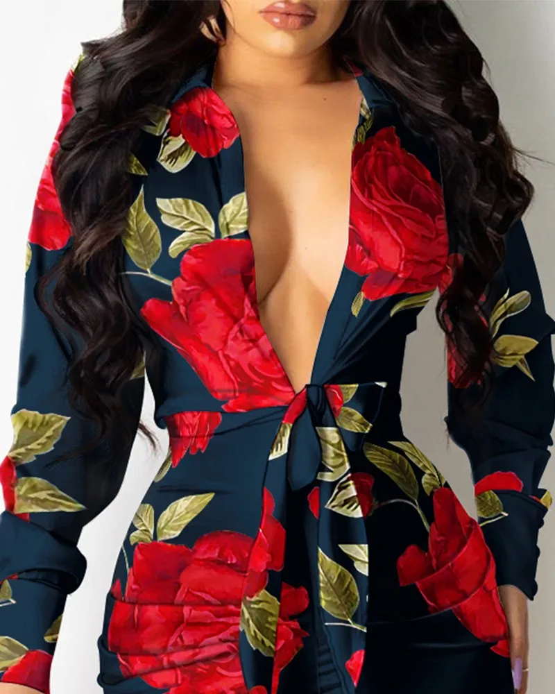 

Vintage Women Floral Print Long Sleeve Female Mini Dresses 2023 Spring Summer New Sexy Deep V-Neck Shirt Dress Female Clothing