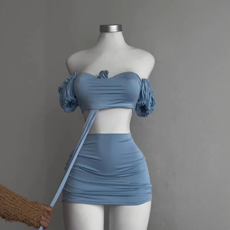 Women's Beach Skirt Fashion Hollow Pleated Tube Top Bubble Sleeve Top Hip Wrap Sexy Hottie Short Skirt Sky Blue Two-piece Set