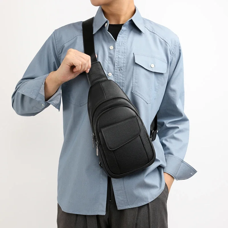 Genuine Leather Men Chest Bag Shoulder Bag Cowhide Purse Casual Sports Crossbody Bag