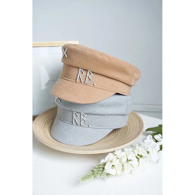 Cotton Newsboy Cap Autumn Winter Women Wool Diamond Letter Caps Baker Boy Cap S-XL