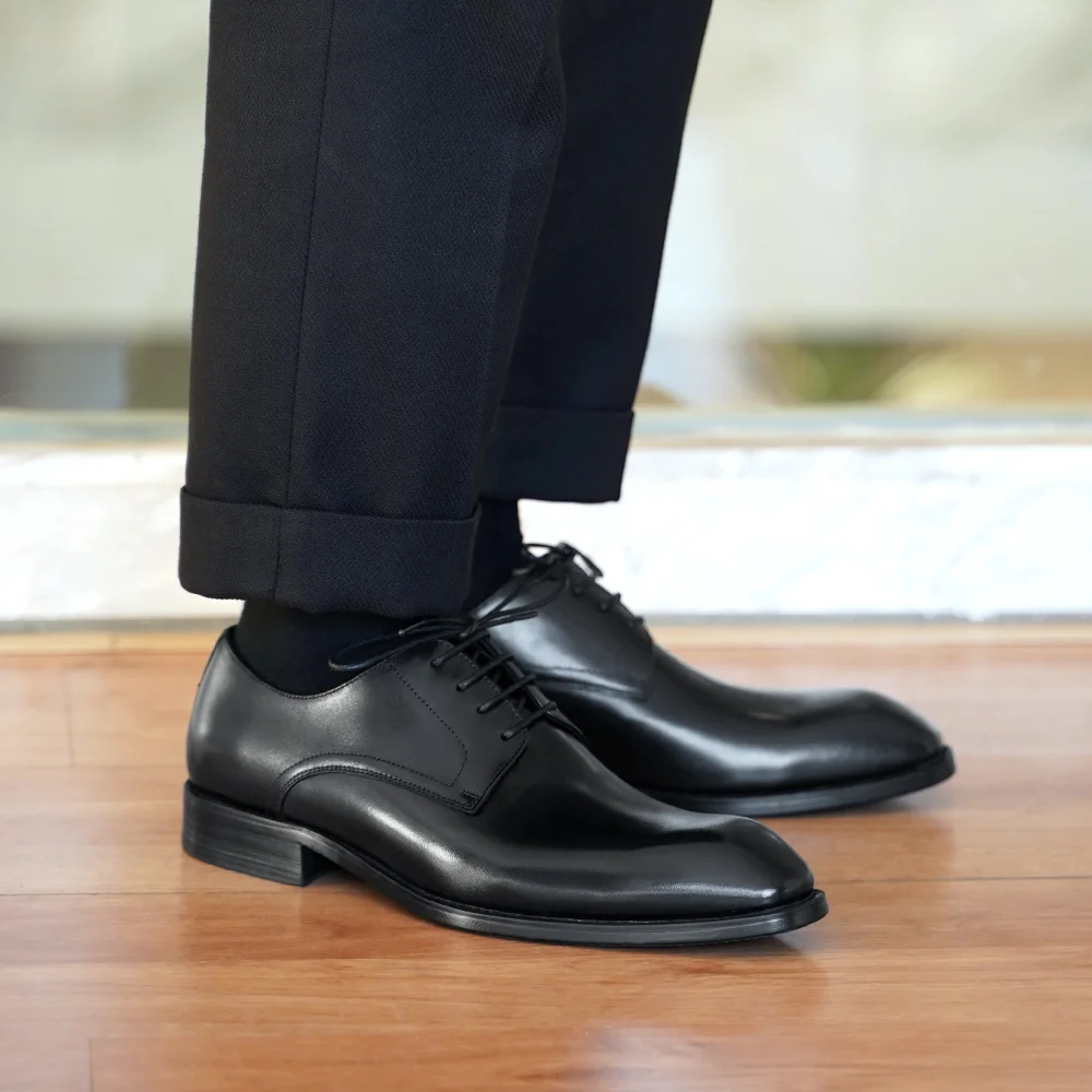 Italian Flat Mens Dress Shoes Luxury Genuine Leather Brand Handmade Quality Square Toe Laces Up Business Party Social Shoes mens leather dress shoes