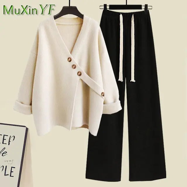 Women S Spring Autumn New Casual Matching Set Korean Elegant Irregular Knit Sweater Loose Wide Leg.jpg