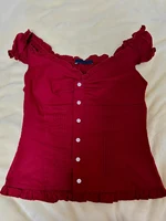 Blue Plaid Fungus T-shirt Women V Neck Single Breasted Puff Sleeve Slim Folds Tee Shirts Summer New Sweet Chic Casual Crop Tops - Image 6