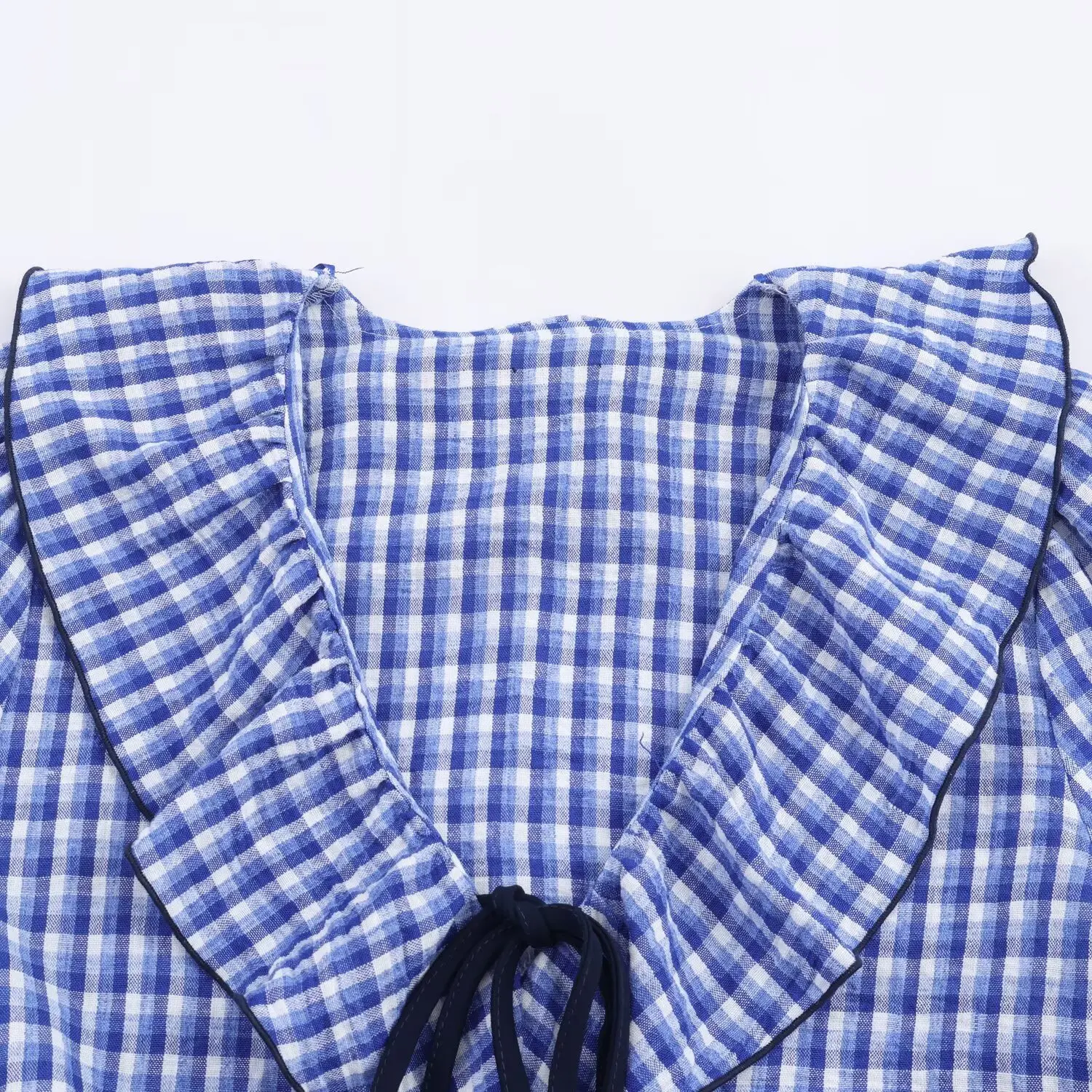 Women Blouses Spring Autumn New Blue Plaid Bow Lace-Up Long Sleeve Layered Decorative Casual Shirt lady Fashionable Blouses top