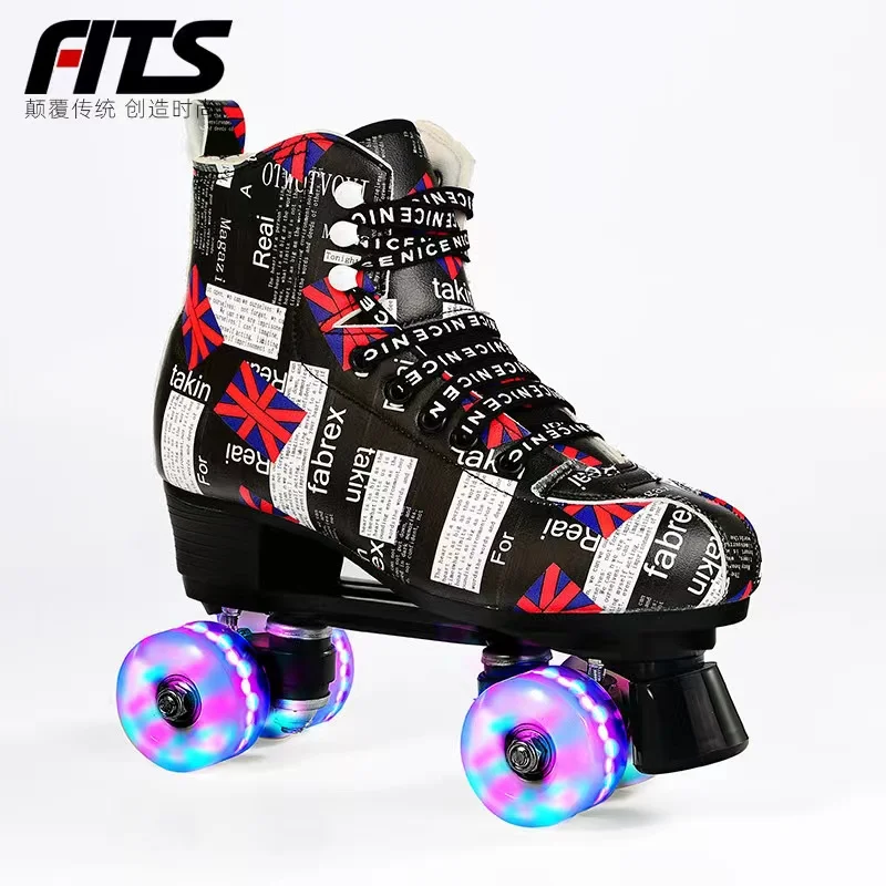 

Graffiti Roller Skates Pu Leather Double Line Skating Sneakers Women Men Adult Two Line Roller Shoes Patines With 4 Flash Wheels