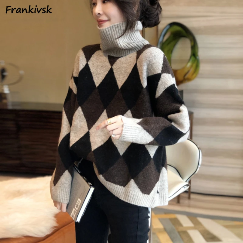 

Argyle Sweaters Women Loose Classic Turtleneck Autumn Tender Elegant Streetwear Korean Commuting Style Advanced Stylish Retro