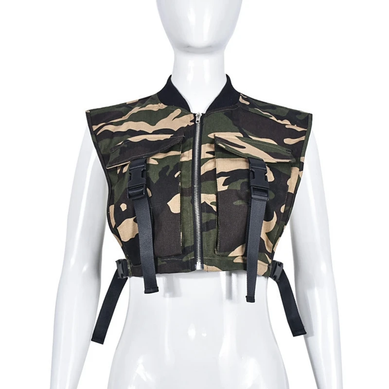 Camouflage Print Spring Vest Crop Women Sleeveless Jacket Pockets Buckle Zipper Tank Tops Sexy Workwear Cargo Waistcoat Y2K