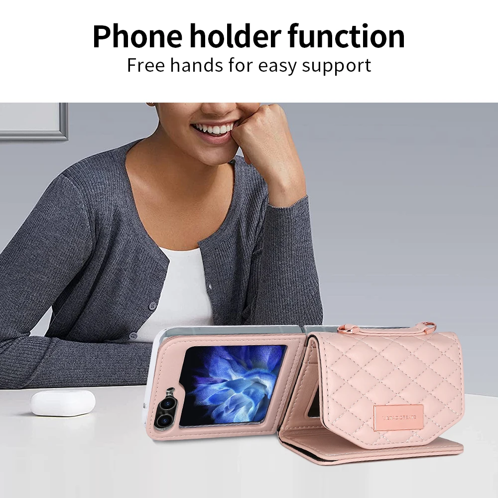 Crossbody Kaarten Solt Lieder Portemonnaie Hülle fir Samsung Galaxy Z Flip 6 5 4 3 5G Flip6 Flip5 Riemen Diamant Dräifach Falt Täsch Cover_voghion.com