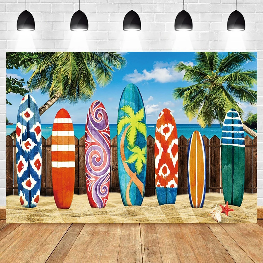 Photo Backdrop Summer Tropical Beach Backdrop Hawaiian Luau Aloha Party Seaside Camping Surfboard Ocean Palm Flamingo Photography Background