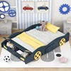Full Size Race Car-Shaped Platform Bed with Wheels and Storage, Dark Blue+Yellow 1