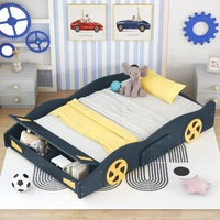 Full Size Race Car-Shaped Platform Bed with Wheels and Storage, Dark Blue+Yellow 1