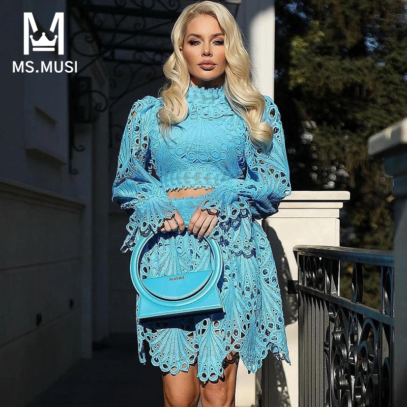 

MSMUSI 2023 New Fashion Women Sexy Lace Mesh Hollow Out Two Piece Set Bodycon Party Long Sleeve Top Short Mini Skirt Set Suit