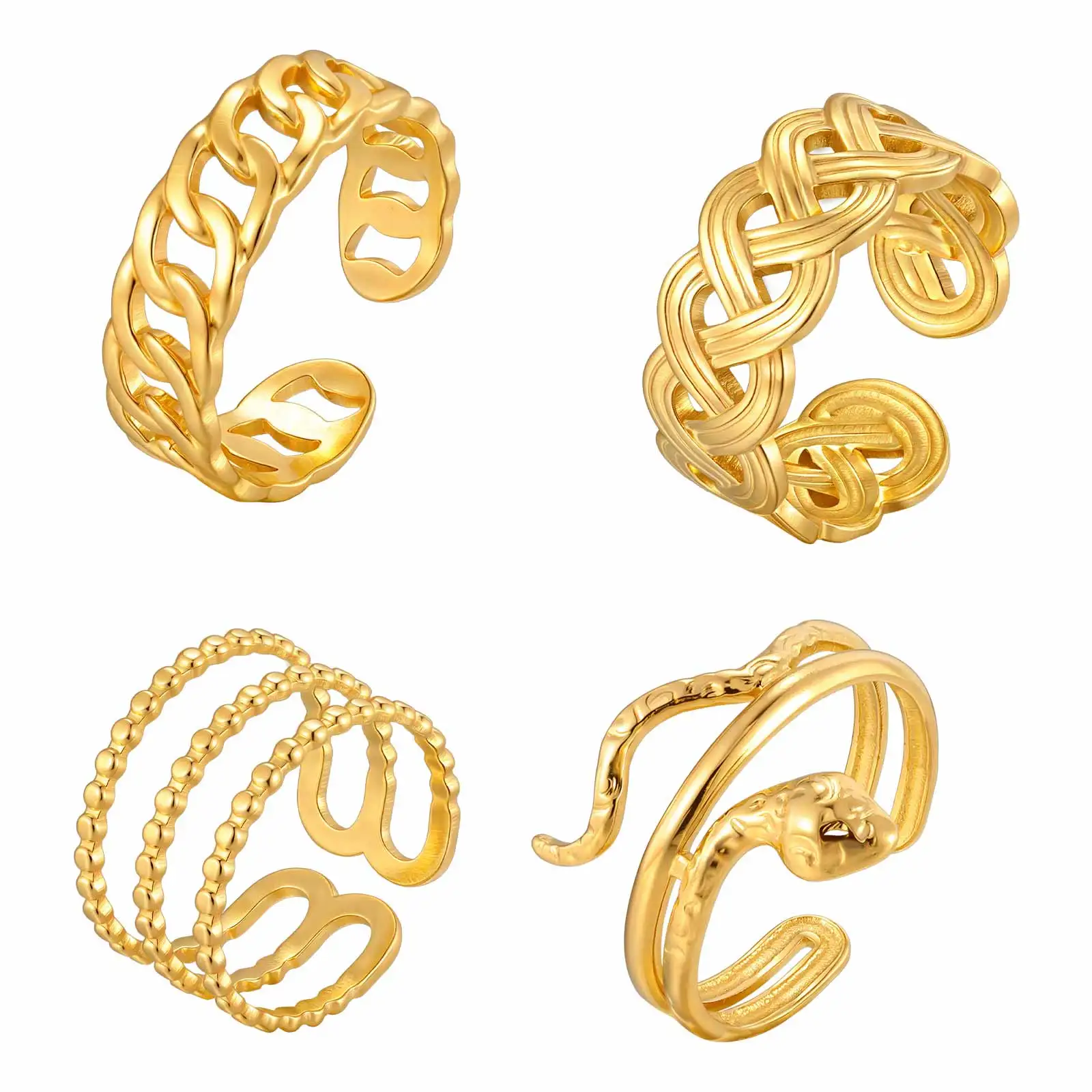 Goldfarbene Edelstahl-Ringe für Damen, Breite Geometrische Offene Ringe, Wasserfester Minimalistischer Fingerschmuck als Geschenk – Detail 11