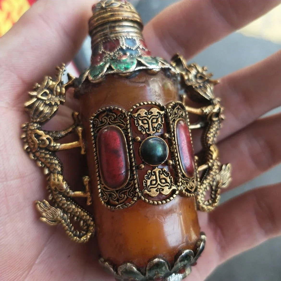 

Китайский тибетский медный Дракон табак бутылка Китай антикварные коллекционные украшения