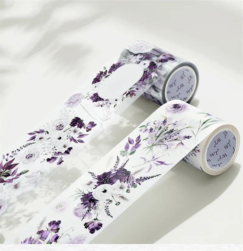 

WT New Violet Bliss Wide Washi / PET Tape Journaling with Me Vintage Flower Adhesive Stickers Masking Tape 6cmx5M