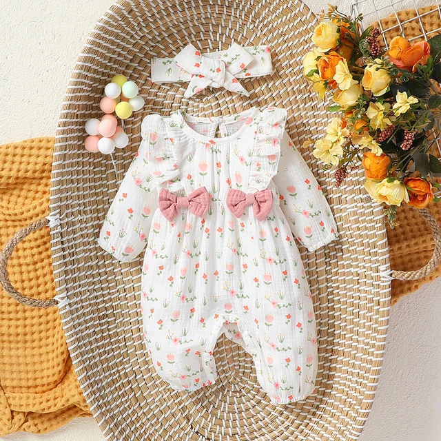 Combinaison quotidienne à manches longues pour bébé fille, imprimé Floral avec nœud, vêtements pour nouveau-né-6M + bandeau, toutes saisons 1