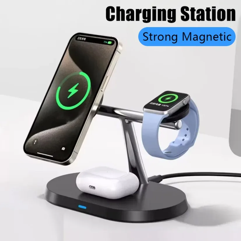 magnetic wireless charger Magnetic wireless charger stand for iPhone 16 15 14 13 12 Pro iWatch 9 8 Airprods 3 In 1 fast charging station