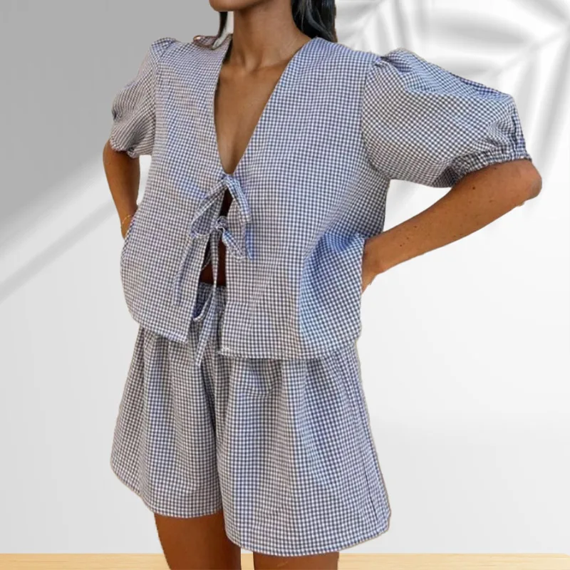 

2024 summer women's elegant casual texture long sleeve vertical grain shirt shorts suit