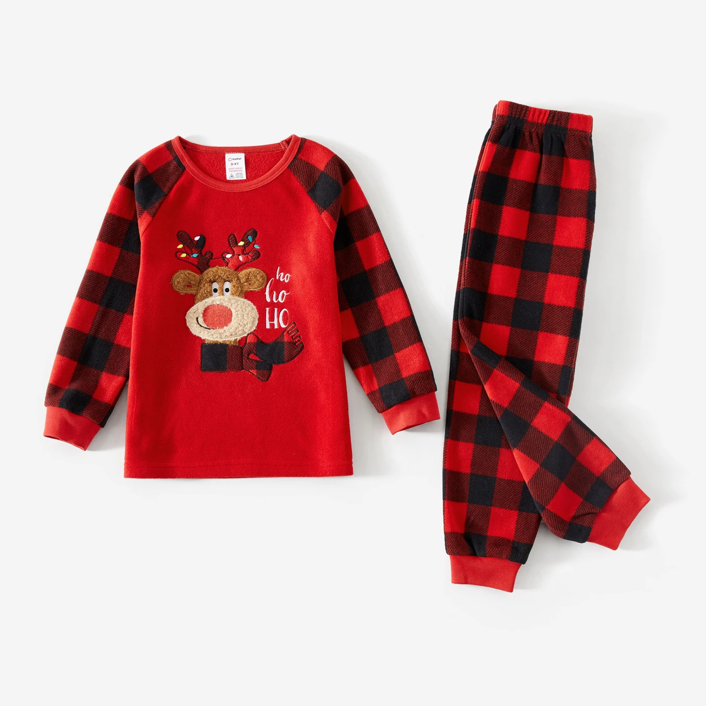 PatPat Christmas Family Matching Pajamas Reindeer Embroidered Plaid Thickened Polar Fleece Pajamas Sets (Flame Resistant）