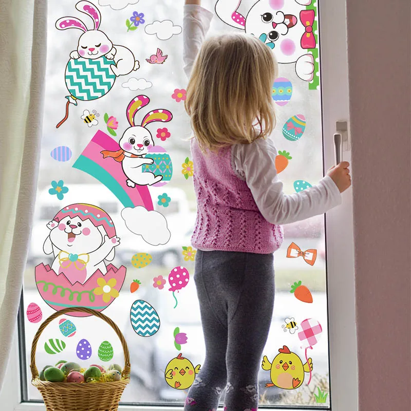 

1pcs Happy Easter Window Glass Stickers Cartoon Rabbit Bunny Eggs Wall Stickers Spring Easter Decorations For Home Wall Decals