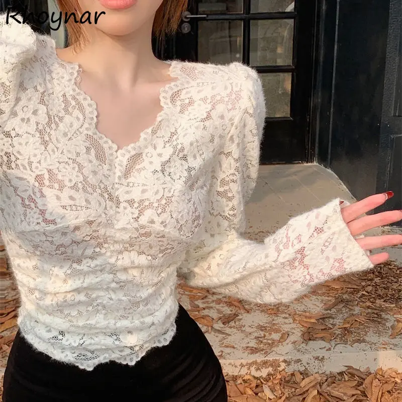 

Футболка женская с длинным рукавом, ажурное кружевное пикантное нижнее белье, универсальная модная повседневная Уличная одежда в Корейском стиле, Y2k, шикарная, на осень