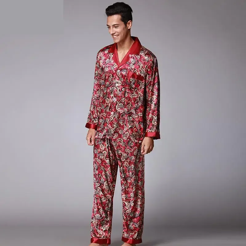 New Luxury Pajamas Men Paisley Pattern Sleepwear Silk Long-sleeved Satin Mens Pyjamas Men's Lounge Pajamas Set Plus Size 4XL