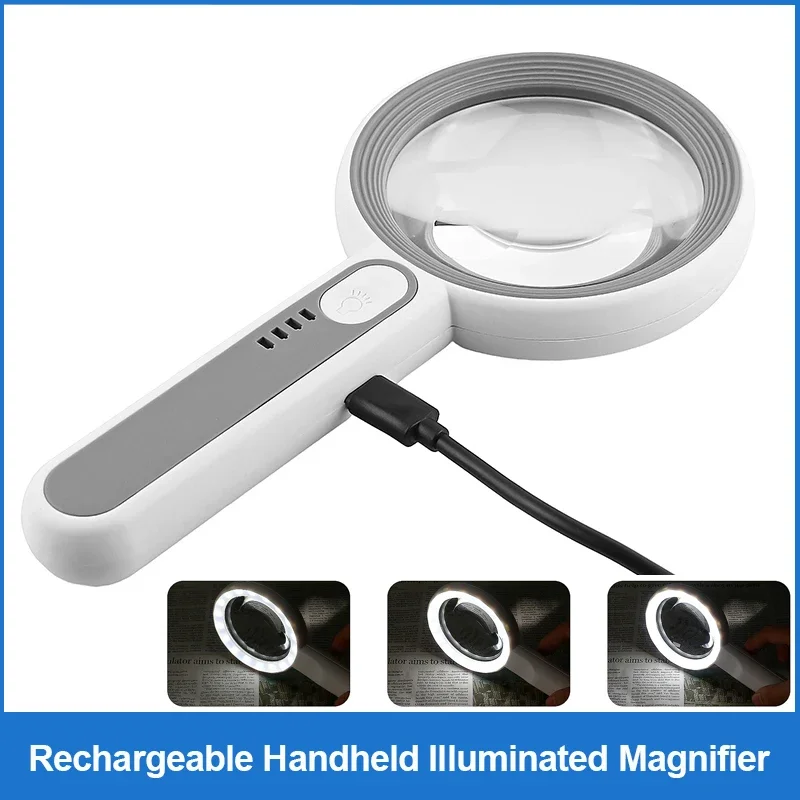 Rechargeable Handheld Magnifier 12X LED Illuminated Reading Glass 3 Light Modes For Seniors Jewelry Inspection Craft Work