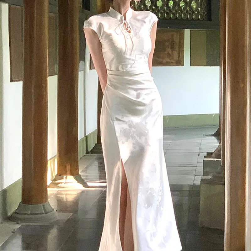 

Женское платье в китайском стиле, длинное пикантное платье-Ципао с улучшенным цветочным принтом, лето