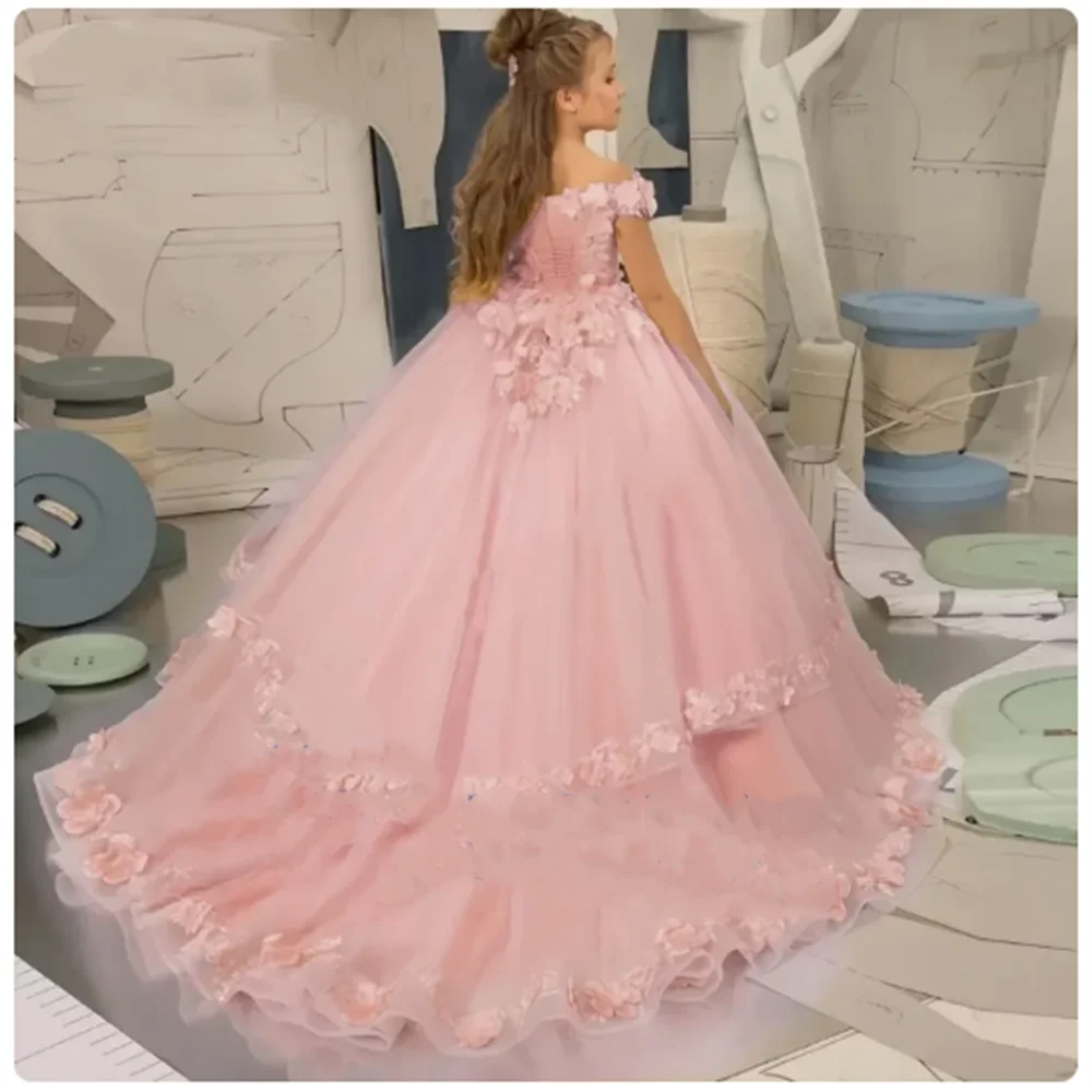 Pink Flower Girl Dress Fluffy Appliqu&eacute;s First Communion Birthday Wedding Kids Girls Pageant Evening Children's Gifts