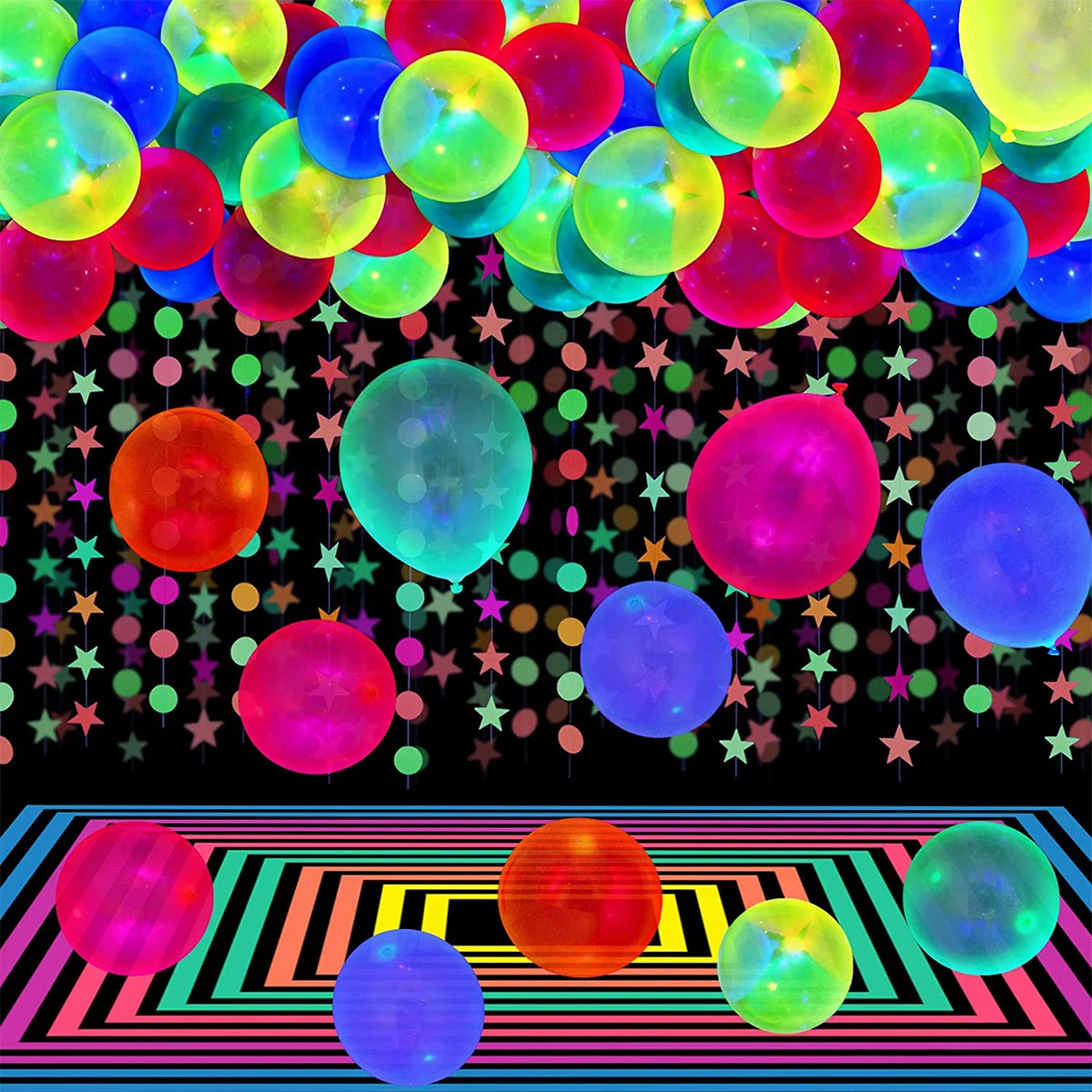90Pcs Neon Balloons 12'' UV Neon Glow Balloons Reusable Polka Dot Blacklight Glow in the Dark Latex Balloon Blacklight