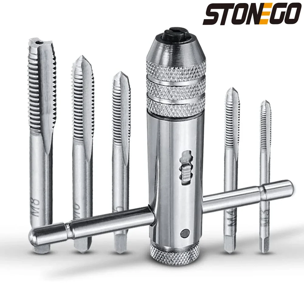 Description Picture 2 of itemSTONEGO T-Handle Ratchet Faucet Holder Adjustable Silver Wrench with 5pcs M3-M8 Metric Machine Screw Thread T-Shaped Plug