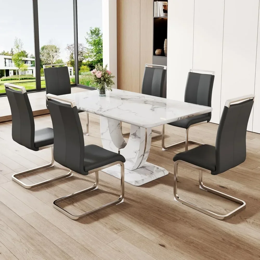 Modern Dining Table Set for 6 Rectangula Kitchen Table Set with Faux Marble Tabletop＆6 Pu Leather Upholstered Chairs