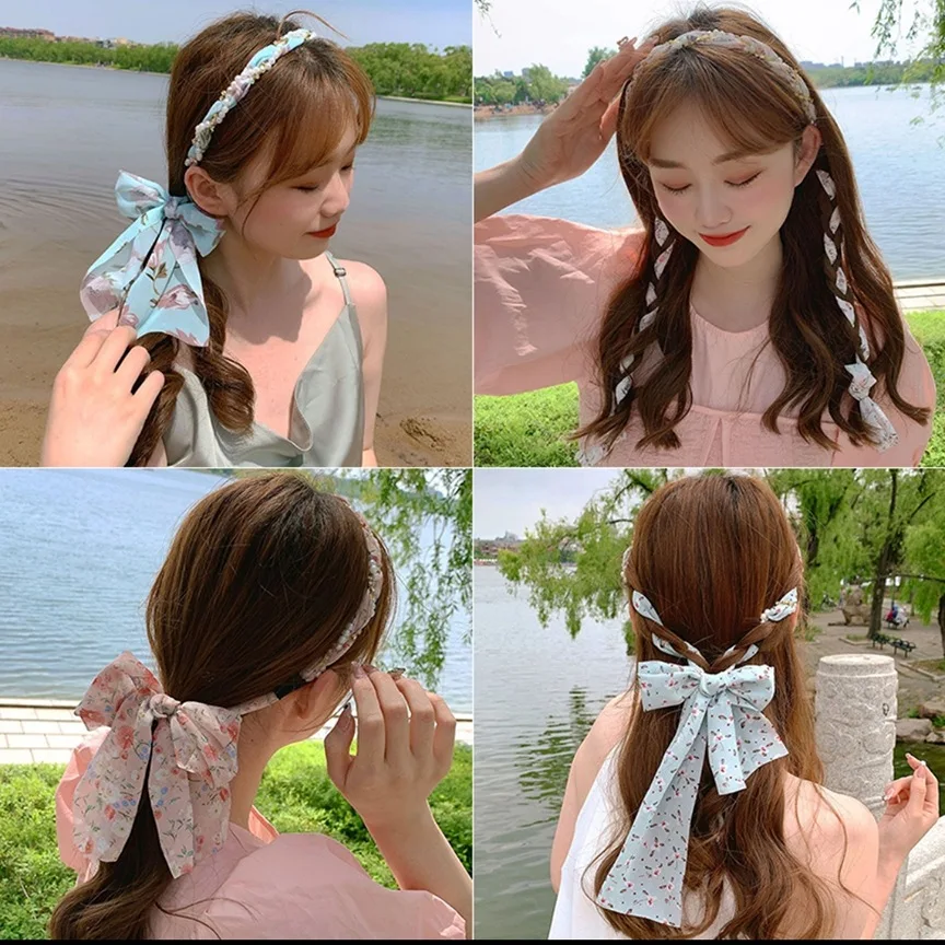 Elegant Pearl Hair Bands for Woman Fashion Long Ribbon Bow Girls Head Bands Pearl Braid Headbands Women Accessories scrunchie